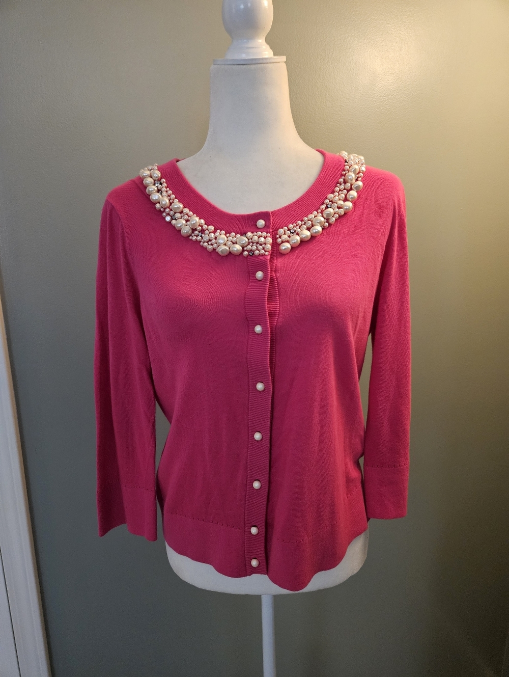 Kate Spade Hot Pink Pearl-Embellished Button Cardigan Size Large L